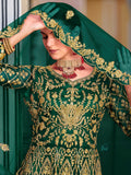 Remarkable Green Stone Work Net Mehendi Wear Gown With Dupatta