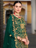 Remarkable Green Stone Work Net Mehendi Wear Gown With Dupatta