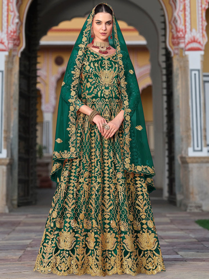 Remarkable Green Stone Work Net Mehendi Wear Gown With Dupatta
