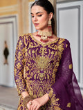 Exceptional Purple Heavy Embroidered Net Reception Wear Gown With Dupatta