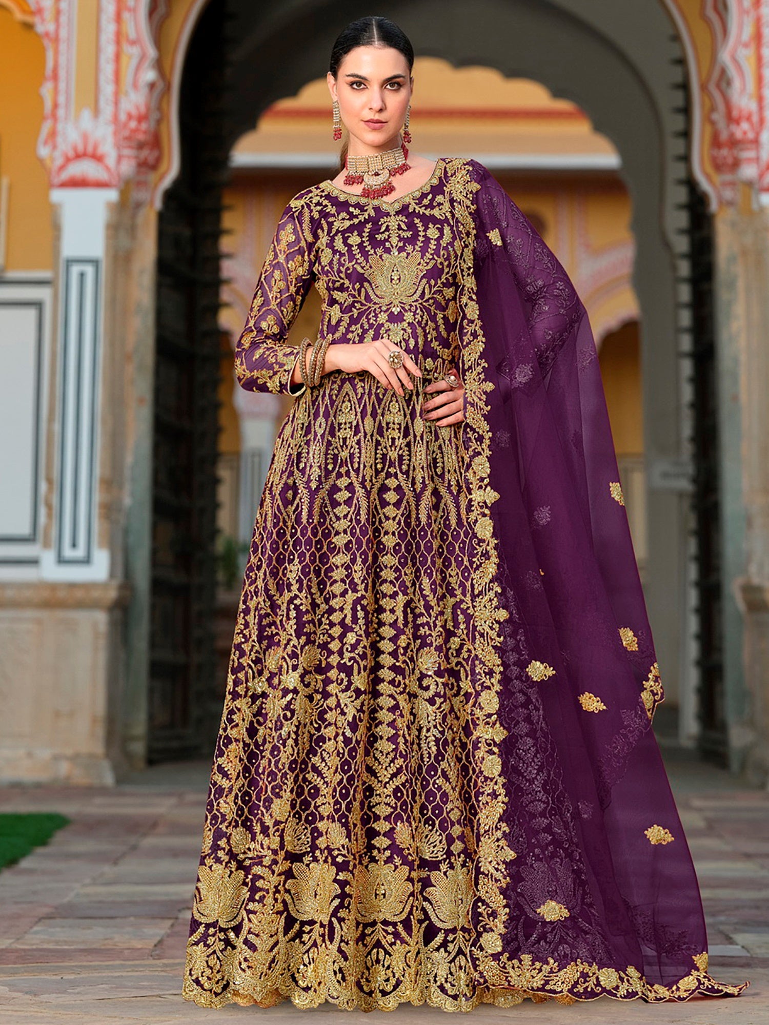 Exceptional Purple Heavy Embroidered Net Reception Wear Gown With Dupatta