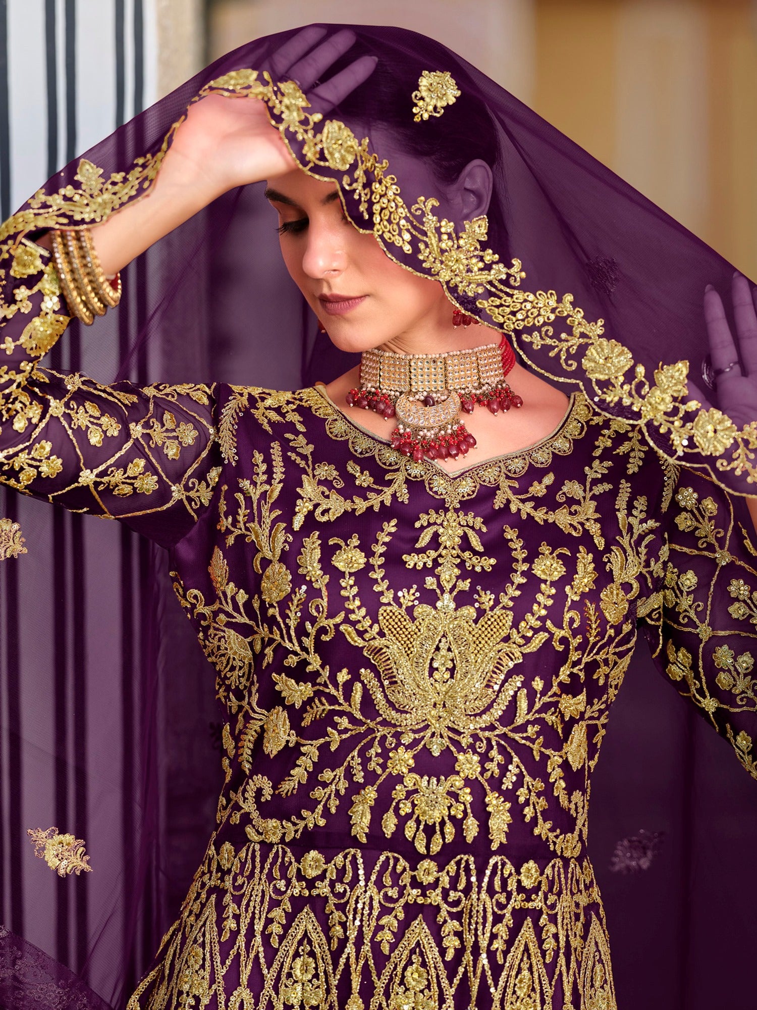 Exceptional Purple Heavy Embroidered Net Reception Wear Gown With Dupatta