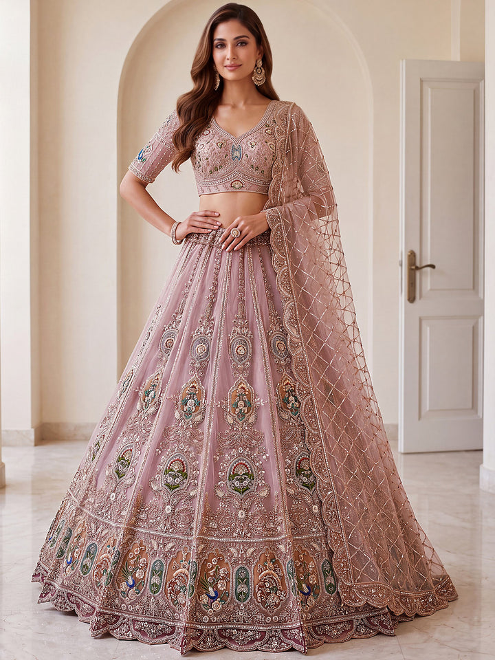 Pretty Pink Handwork Net Wedding Wear Lehenga Choli With Dupatta