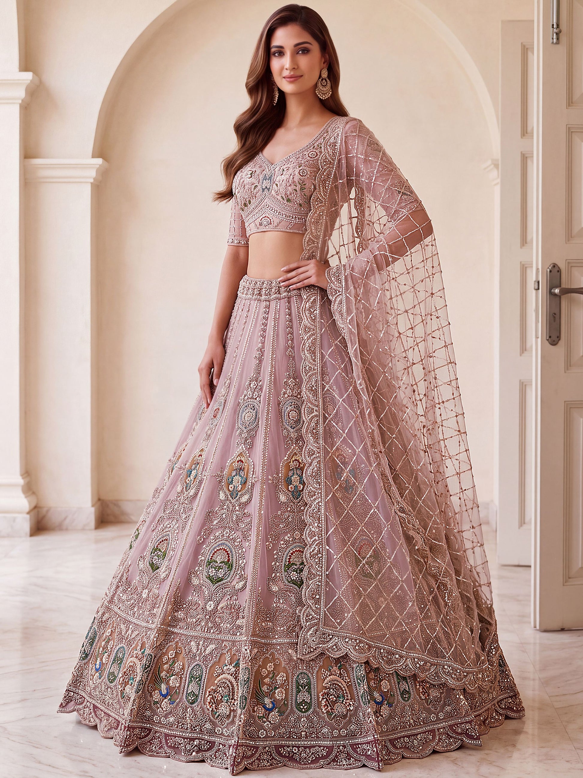 Pretty Pink Handwork Net Wedding Wear Lehenga Choli With Dupatta