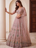 Pretty Pink Handwork Net Wedding Wear Lehenga Choli With Dupatta