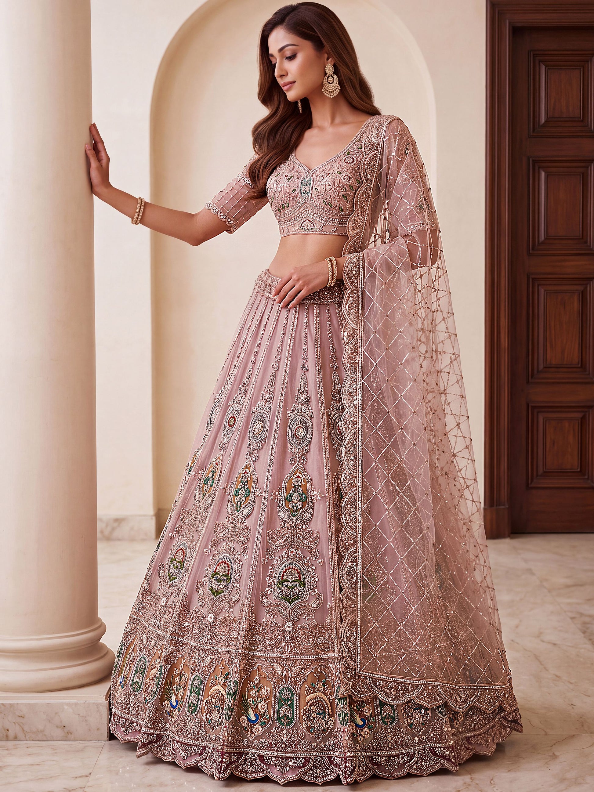 Pretty Pink Handwork Net Wedding Wear Lehenga Choli With Dupatta