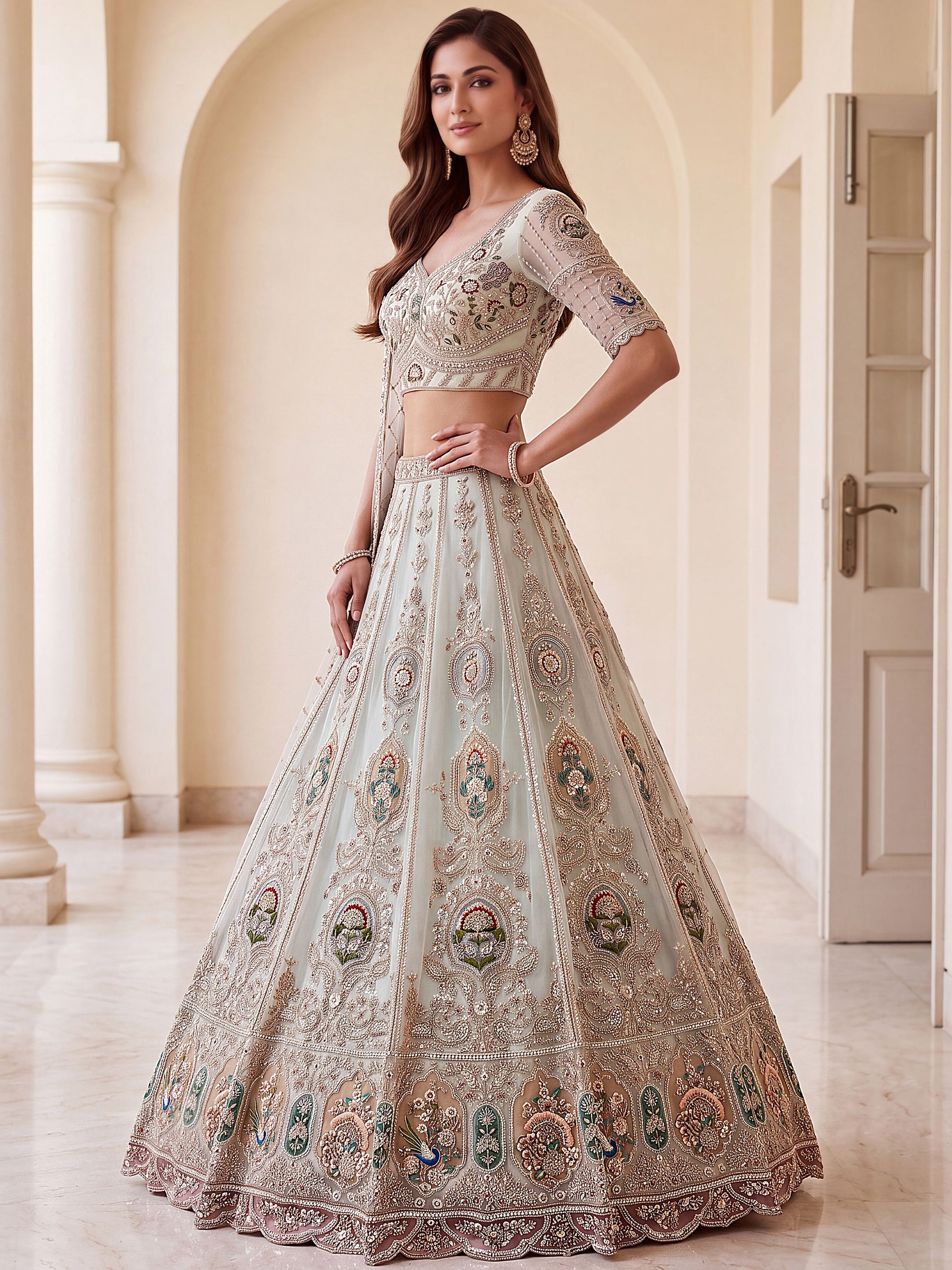 Graceful Mint Green Zari Work Net Wedding Wear Lehenga Choli