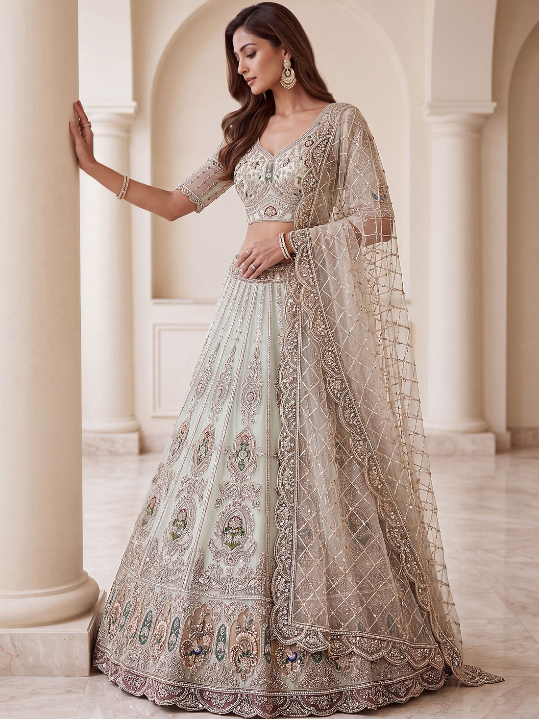 Graceful Mint Green Zari Work Net Wedding Wear Lehenga Choli