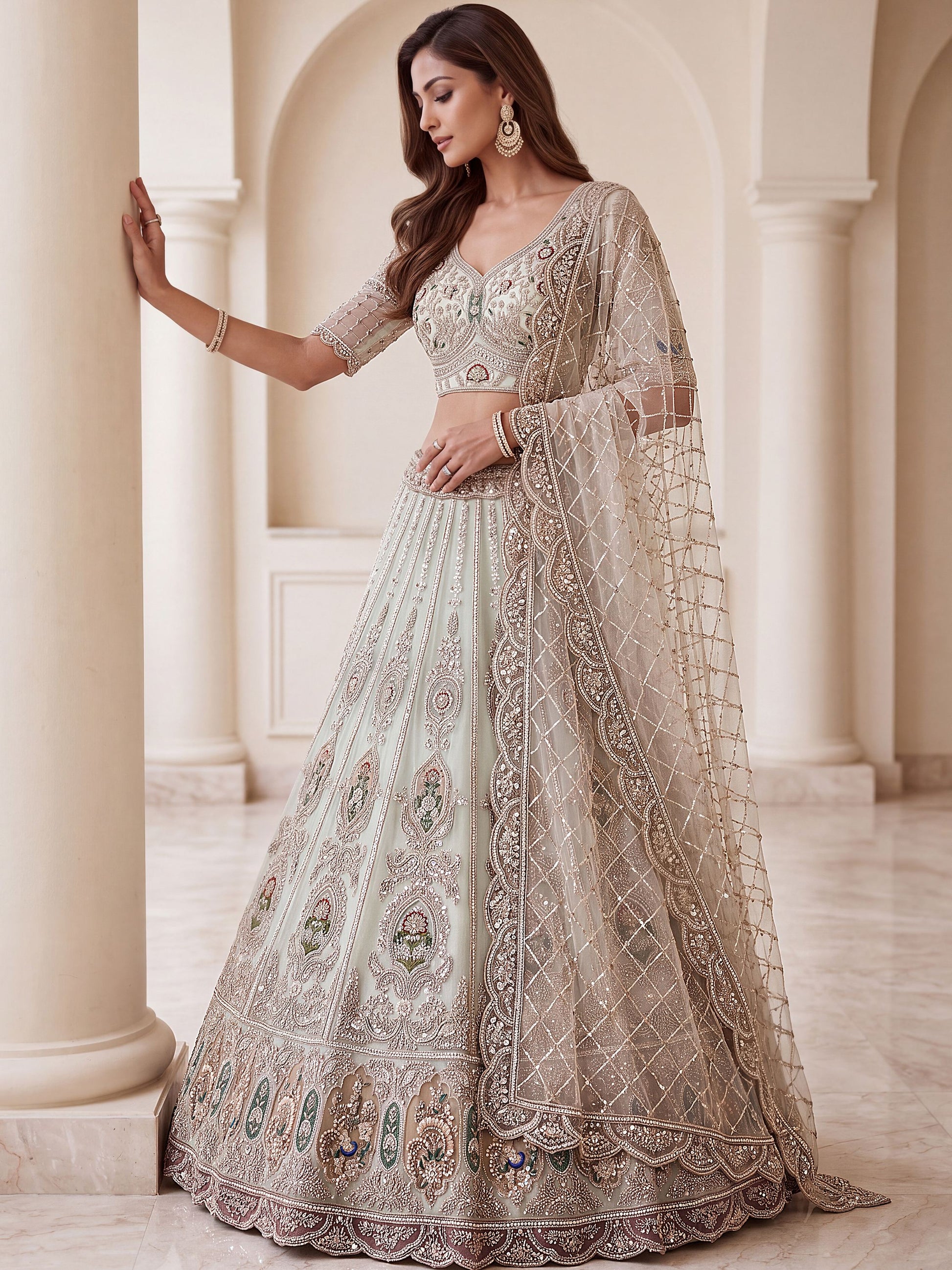 Graceful Mint Green Zari Work Net Wedding Wear Lehenga Choli