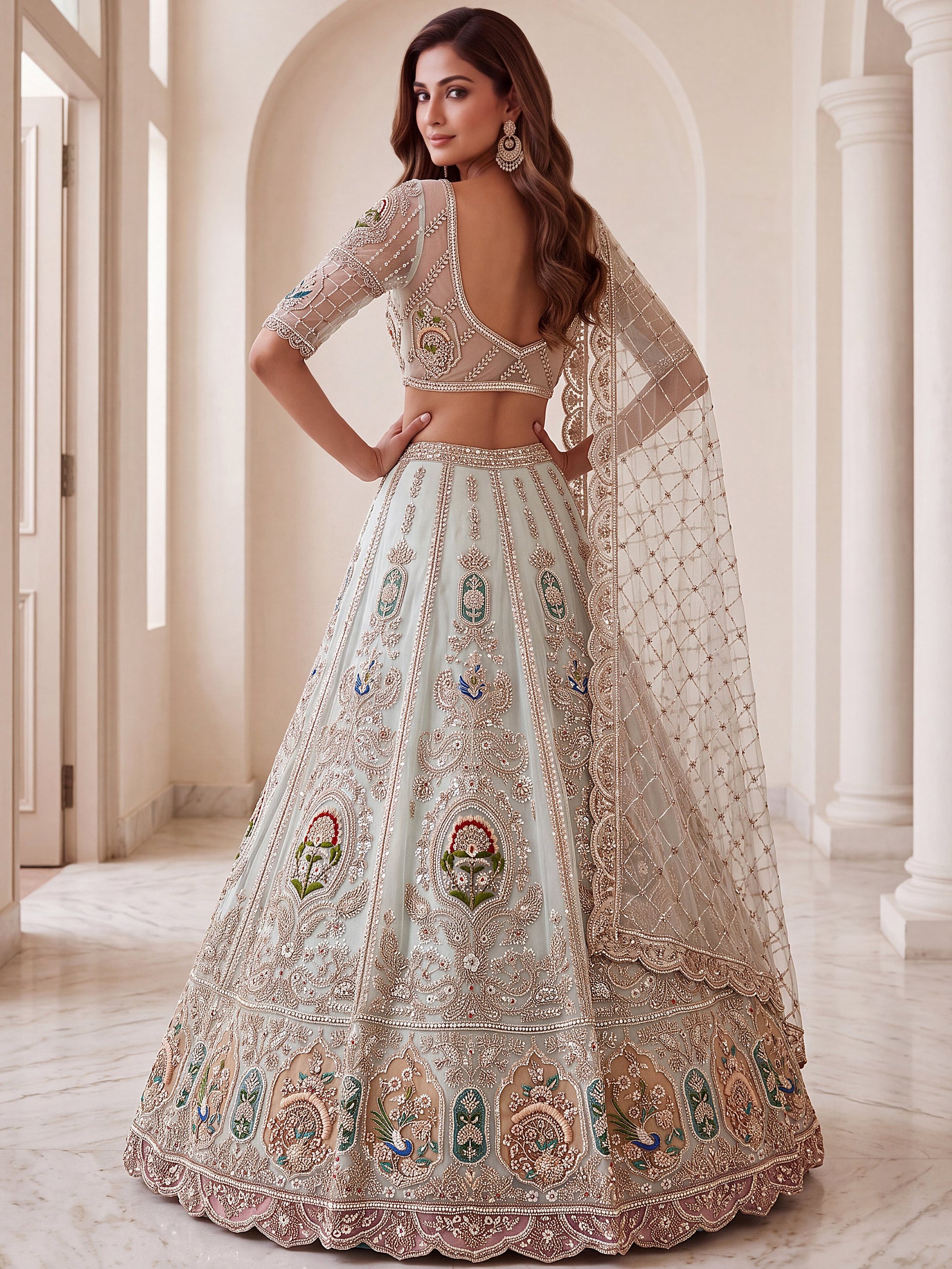 Graceful Mint Green Zari Work Net Wedding Wear Lehenga Choli