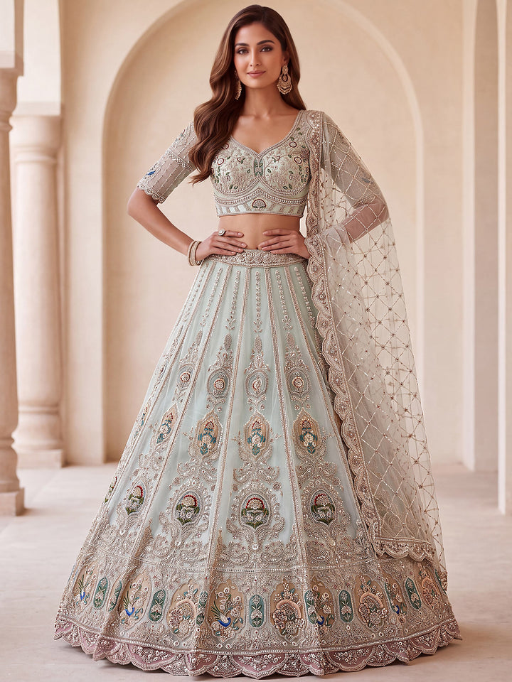 Graceful Mint Green Zari Work Net Wedding Wear Lehenga Choli