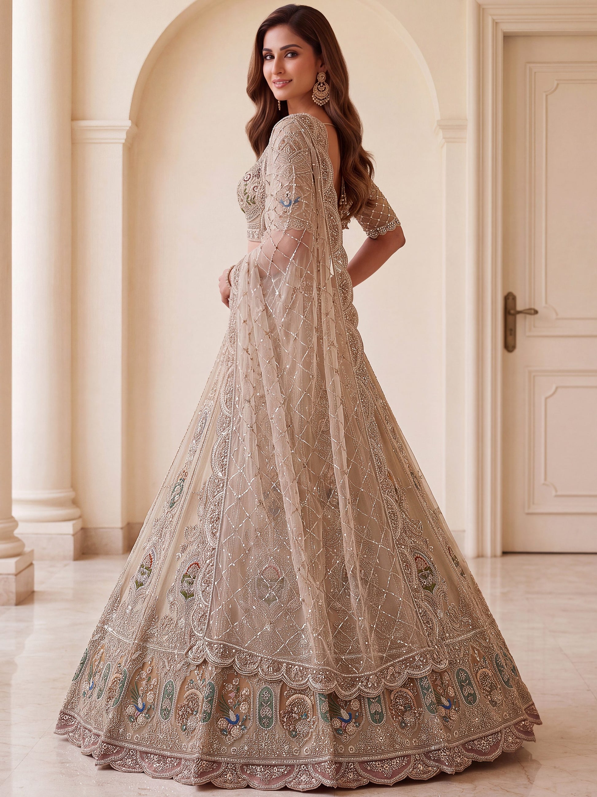 Glowing Beige Handwork Net Engagement Wear Lehenga Choli