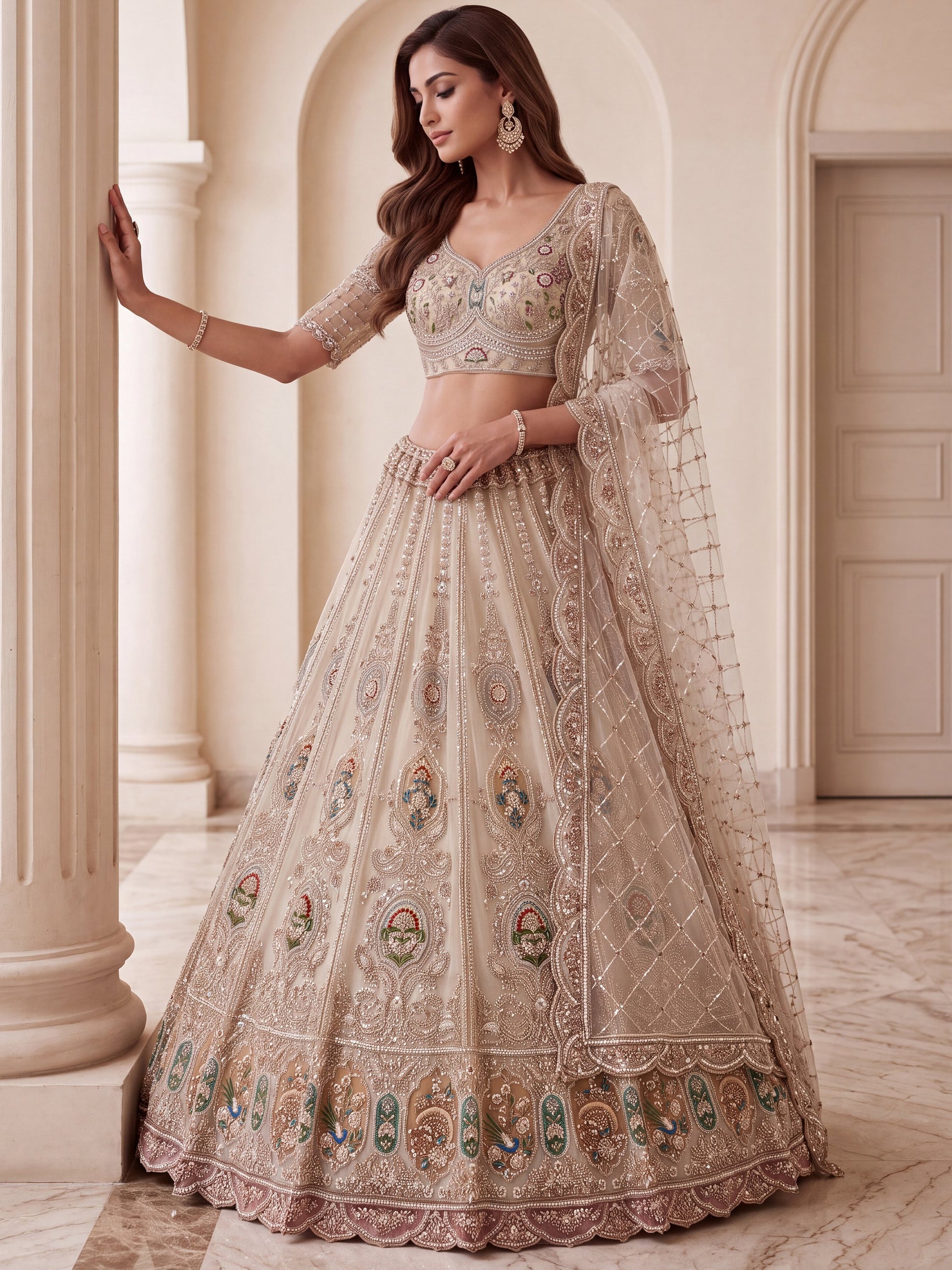 Glowing Beige Handwork Net Engagement Wear Lehenga Choli