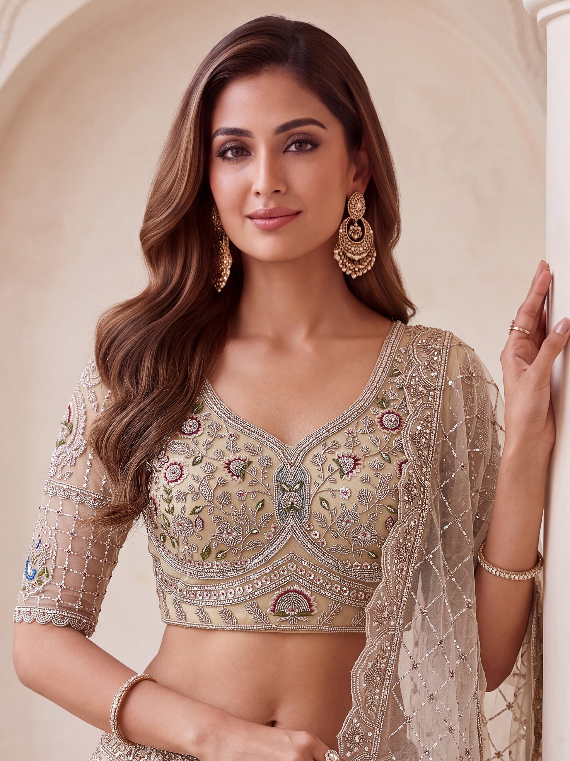 Glowing Beige Handwork Net Engagement Wear Lehenga Choli