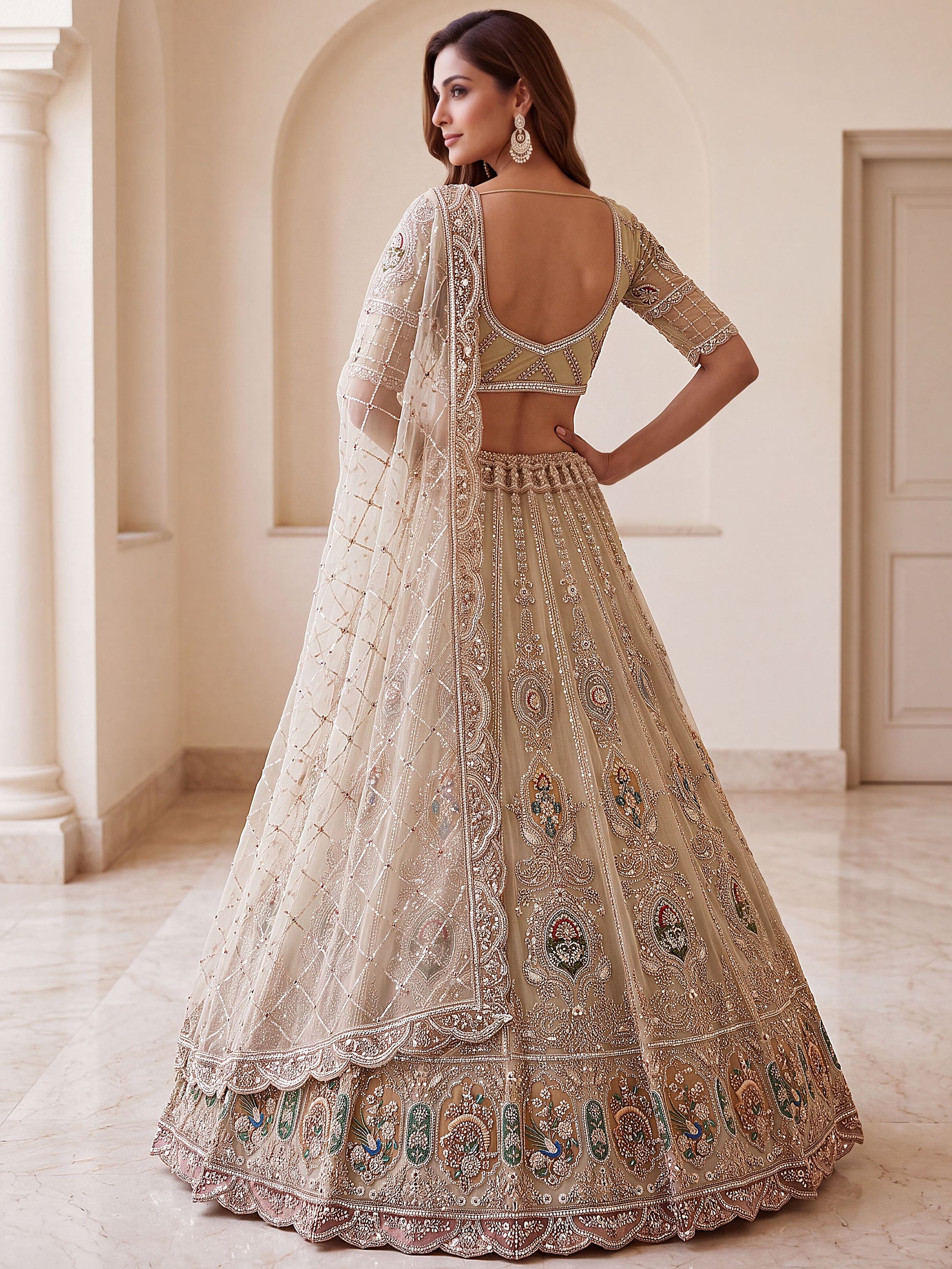 Glowing Beige Handwork Net Engagement Wear Lehenga Choli