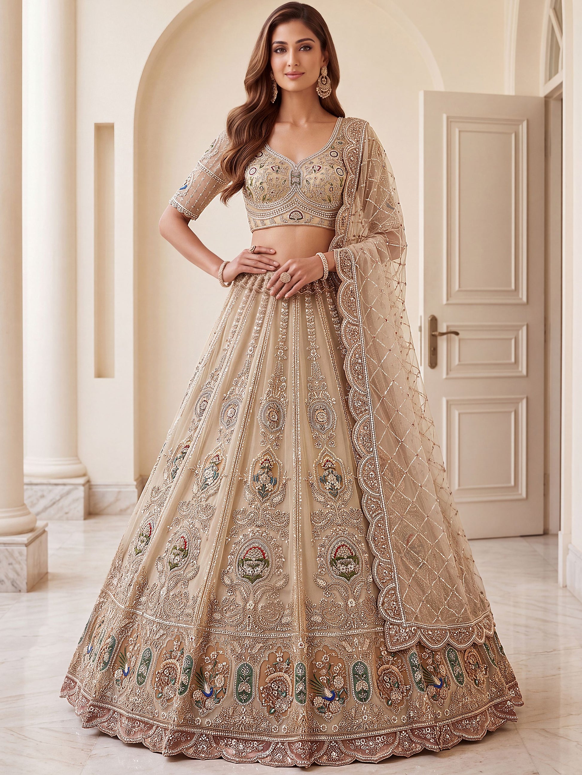 Glowing Beige Handwork Net Engagement Wear Lehenga Choli