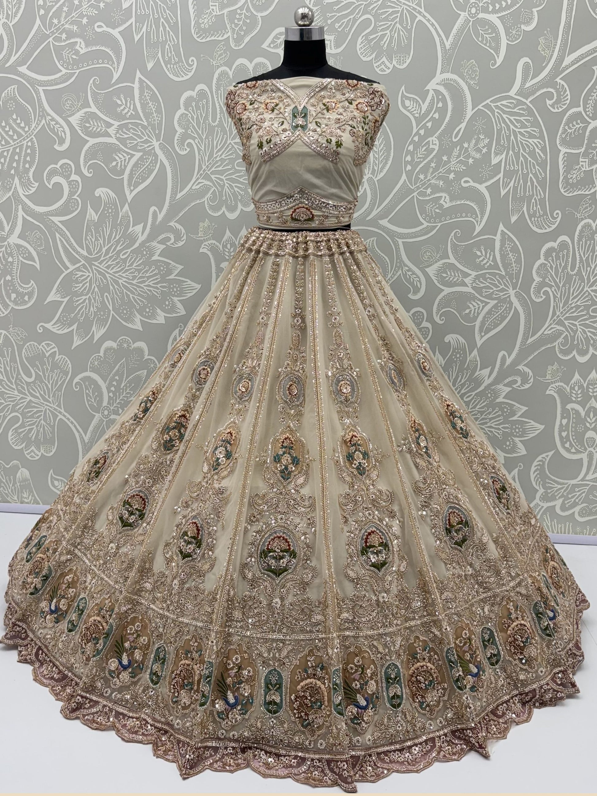 Glowing Beige Handwork Net Engagement Wear Lehenga Choli
