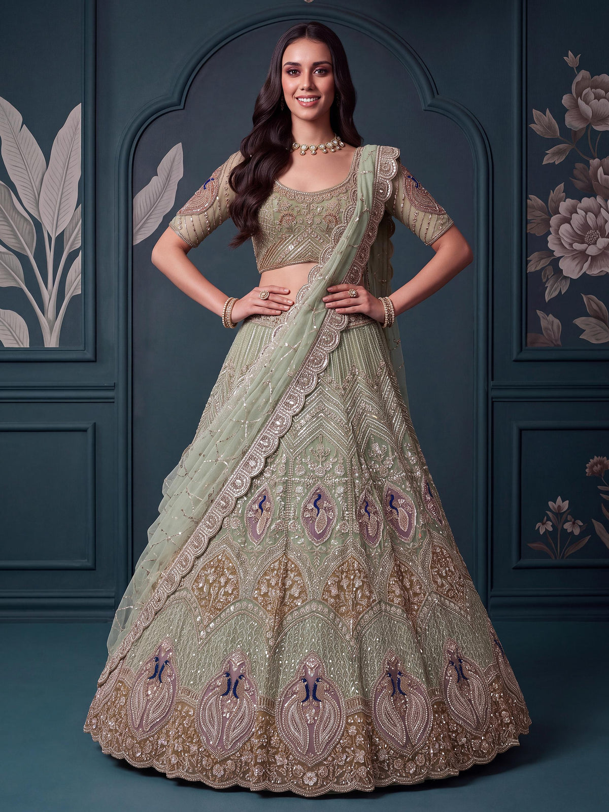 Exquisite Mint Green Zari Work Net Wedding Wear Lehenga Choli