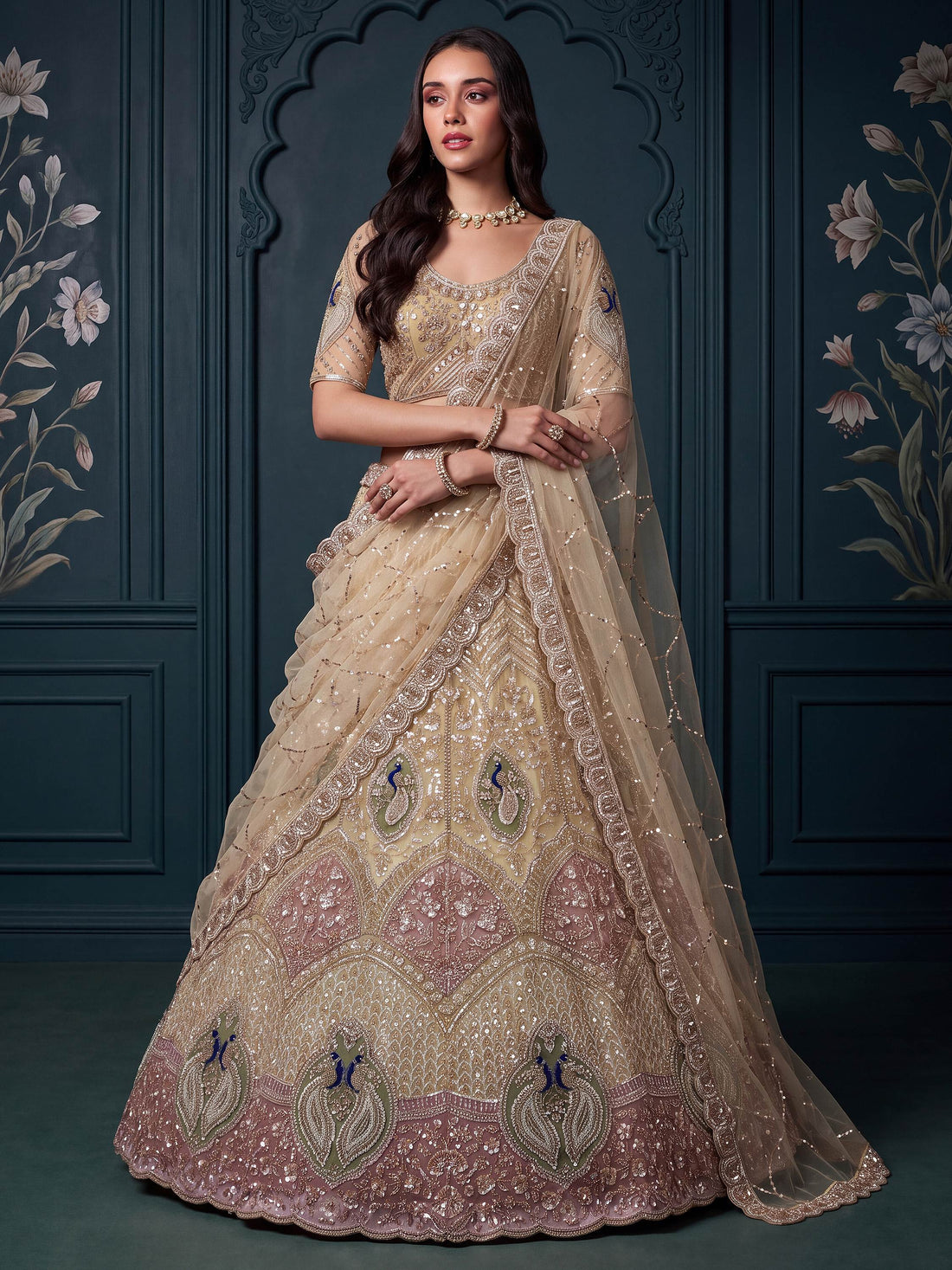 Superb Golden Zari Work Net Reception Wear Lehenga Choli