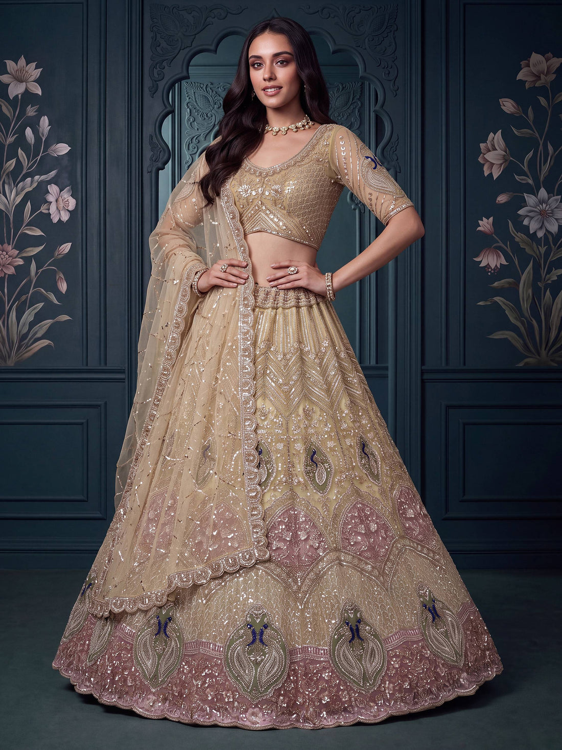 Superb Golden Zari Work Net Reception Wear Lehenga Choli