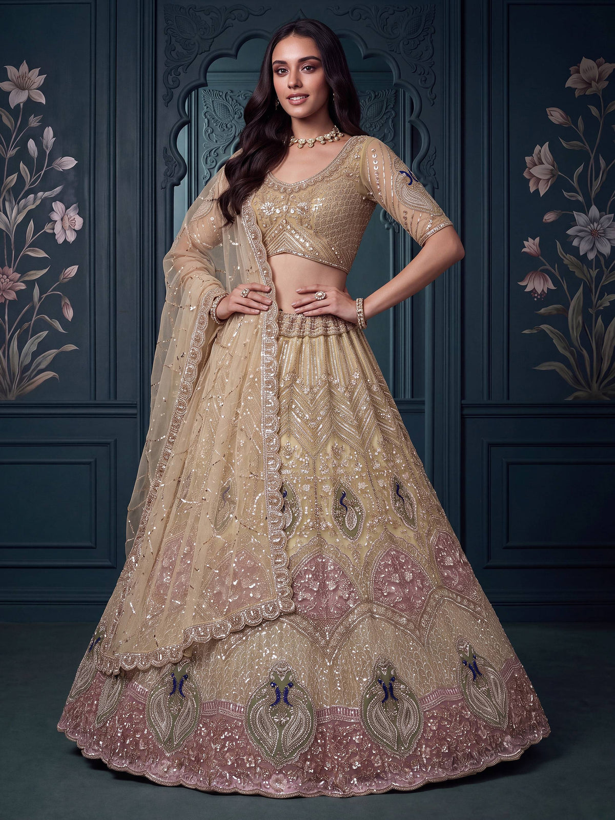 Superb Golden Zari Work Net Reception Wear Lehenga Choli