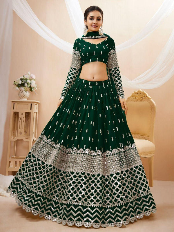 Attractive Green Sequins Georgette Mehendi Wear Lehenga Choli