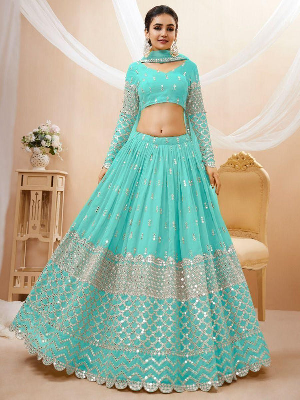 Incredible Sky Blue Sequins Georgette Engagement Wear Lehenga Choli
