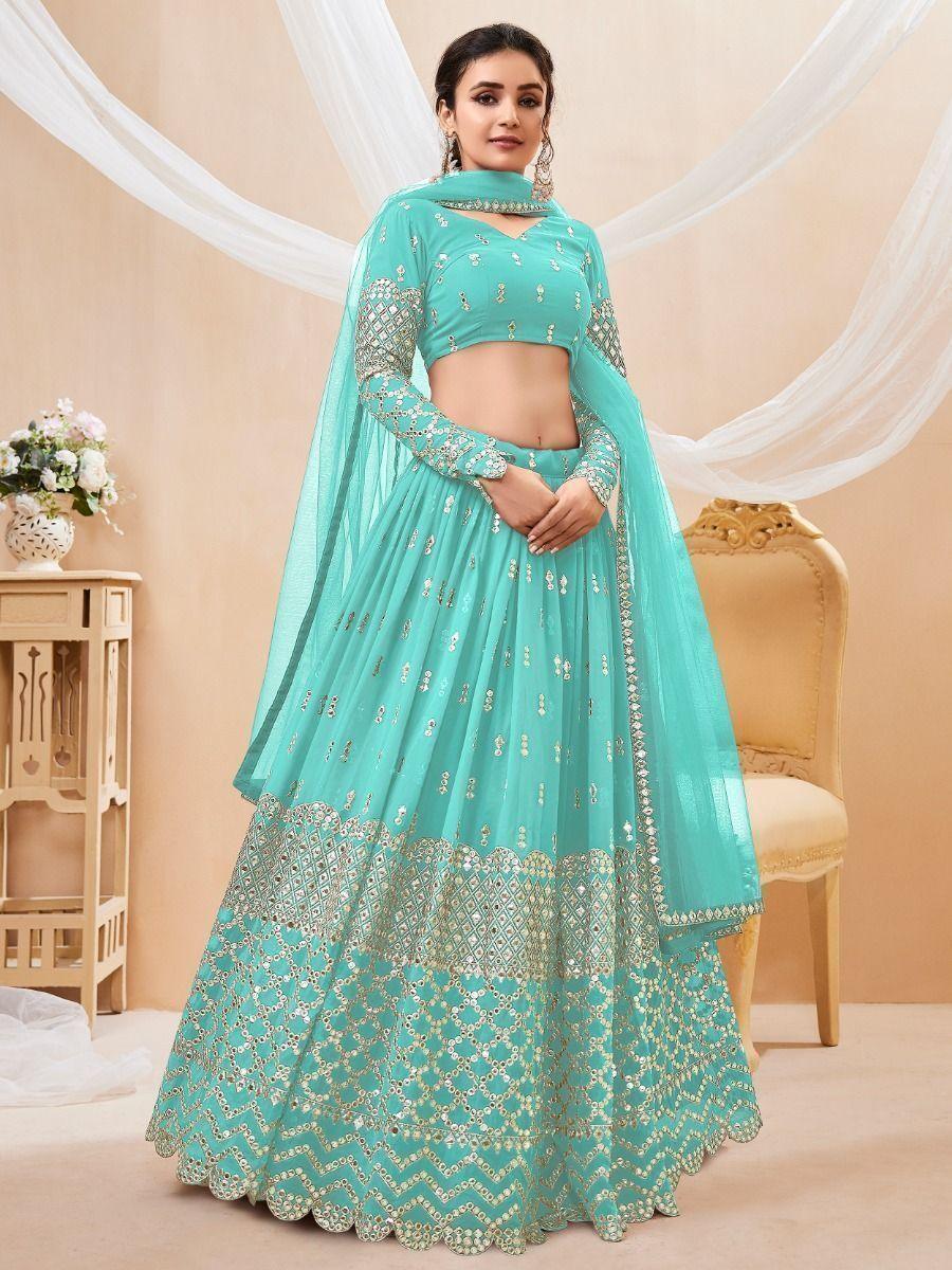 Incredible Sky Blue Sequins Georgette Engagement Wear Lehenga Choli