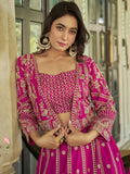 Amazing Pink Embroidery Wedding Wear Chinnon Lehenga Choli With Koti
