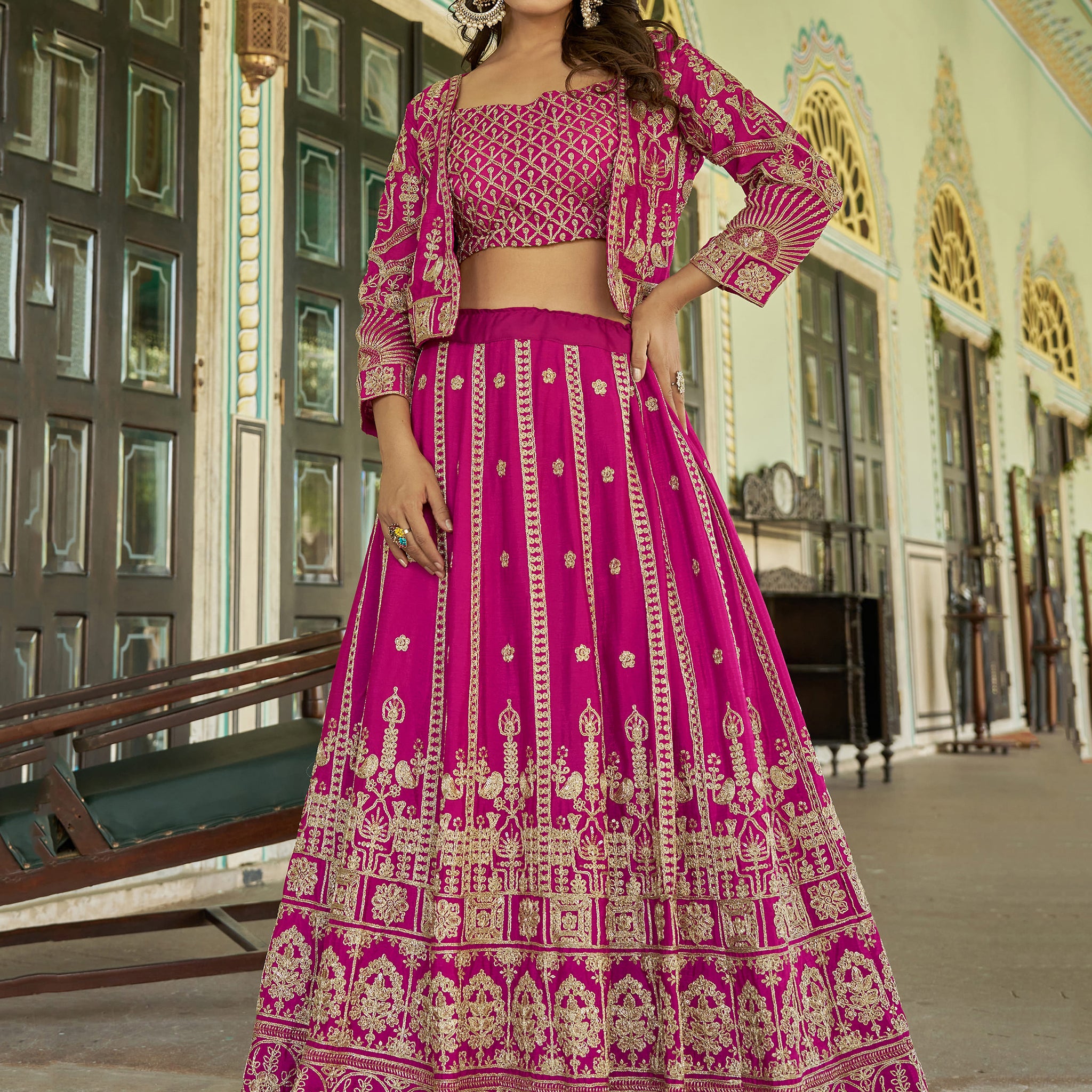 Amazing Pink Embroidery Wedding Wear Chinnon Lehenga Choli With Koti