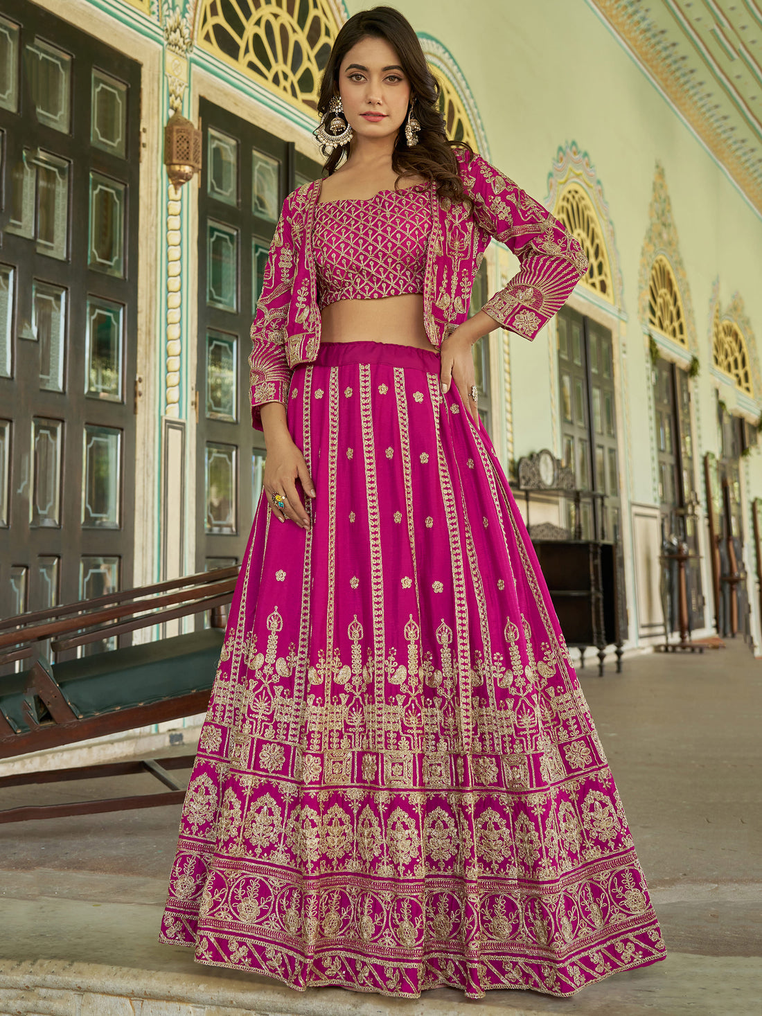 Amazing Pink Embroidery Wedding Wear Chinnon Lehenga Choli With Koti