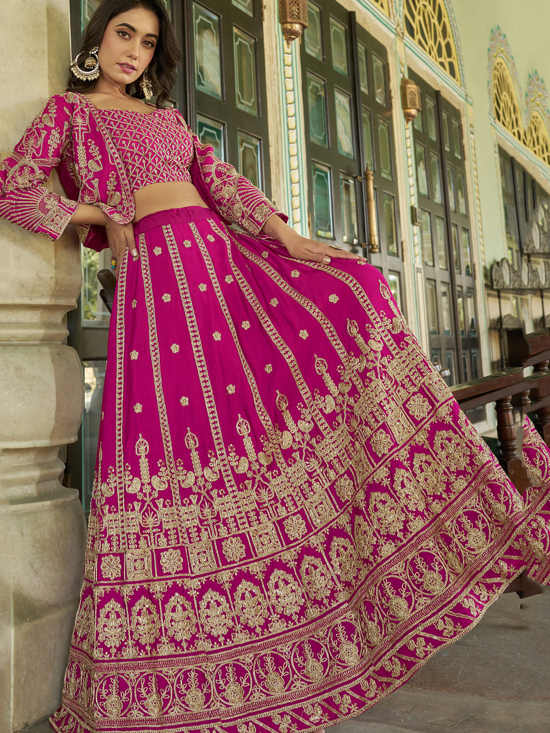 Amazing Pink Embroidery Wedding Wear Chinnon Lehenga Choli With Koti