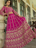 Amazing Pink Embroidery Wedding Wear Chinnon Lehenga Choli With Koti