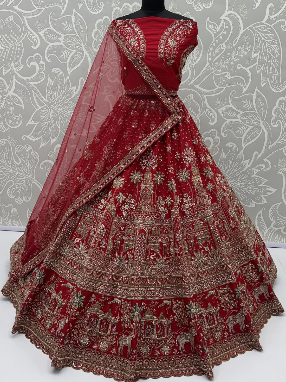 Majestic Red Beads Work Silk Bridal Wear Lehenga Choli