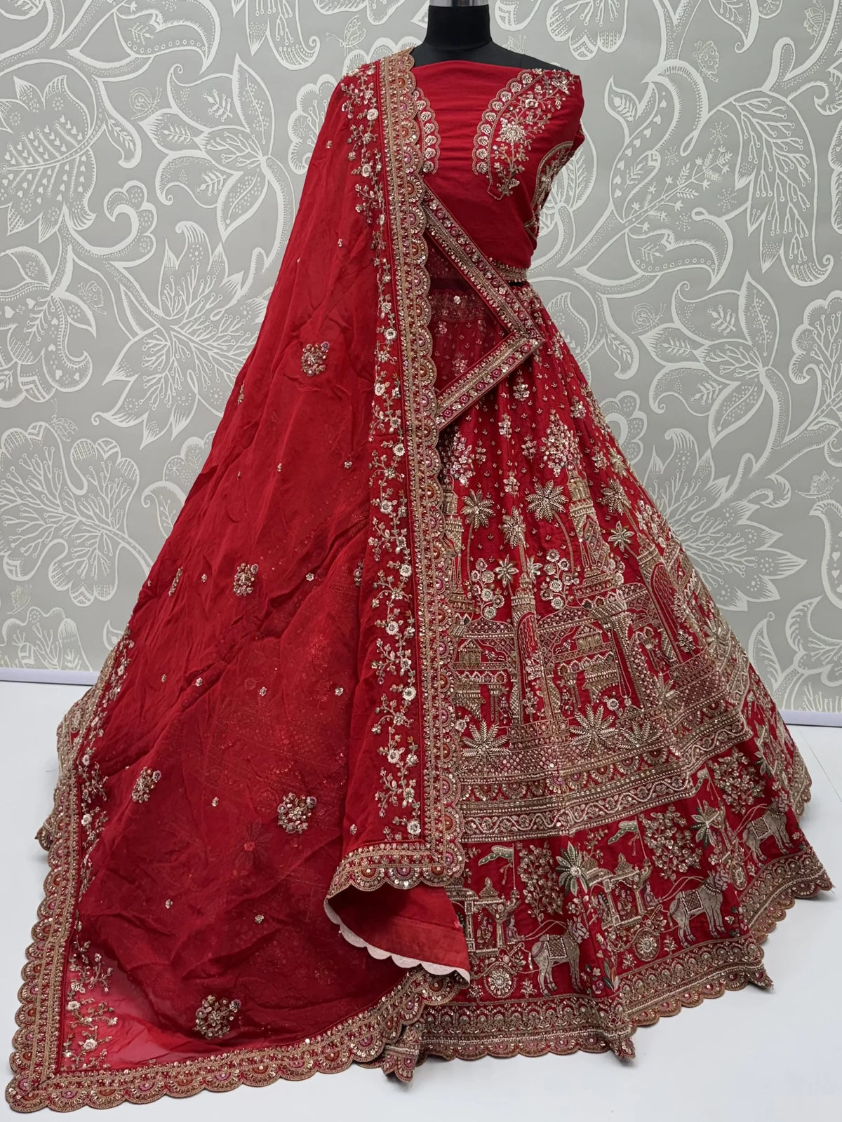 Majestic Red Beads Work Silk Bridal Wear Lehenga Choli