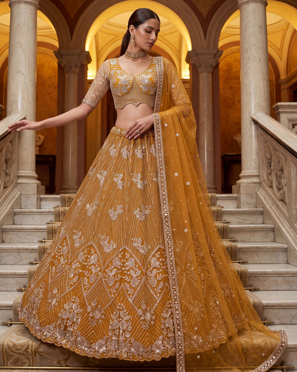 Stunning Mustard Yellow Beads Work Net Wedding Wear Lehenga Choli