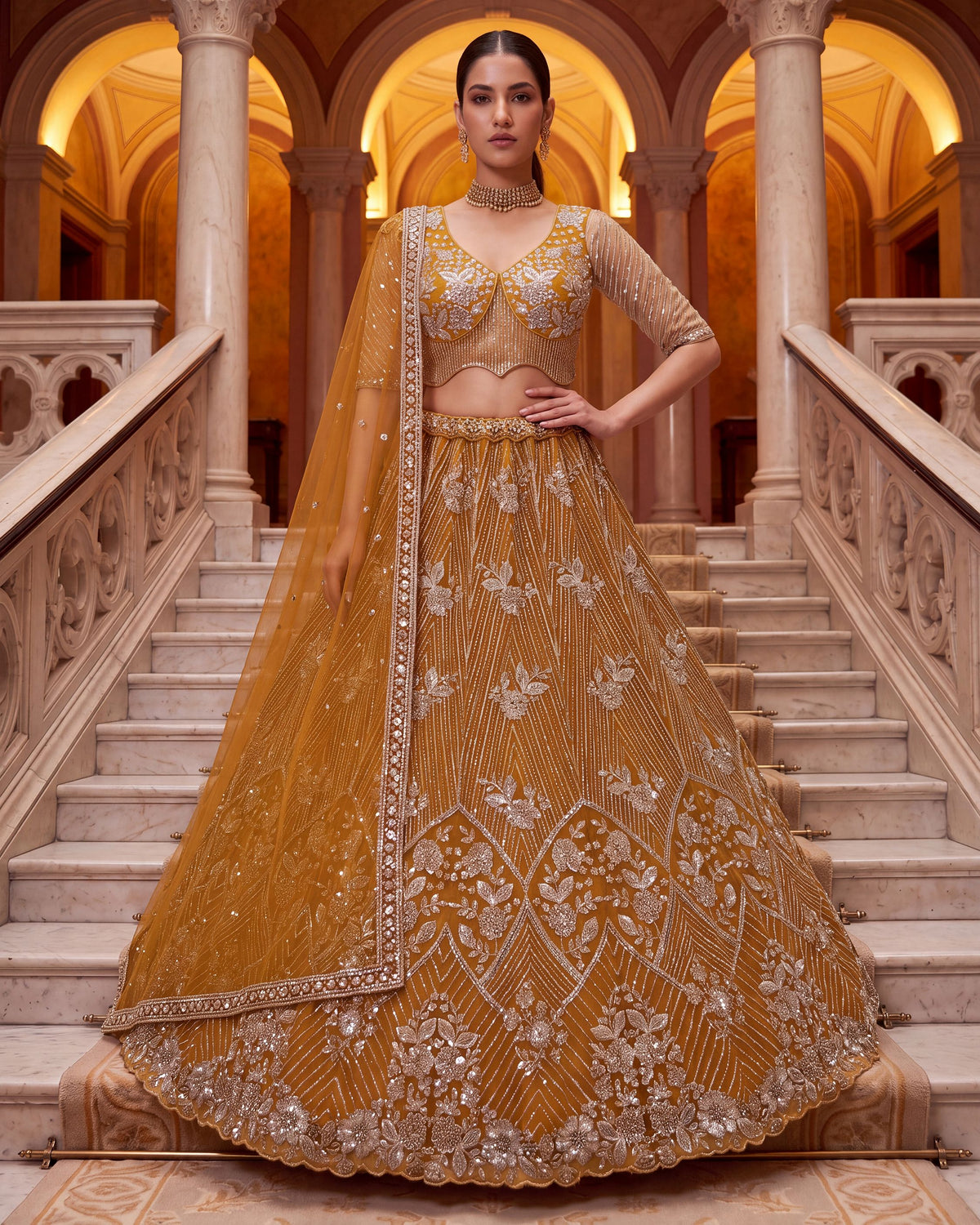 Stunning Mustard Yellow Beads Work Net Wedding Wear Lehenga Choli