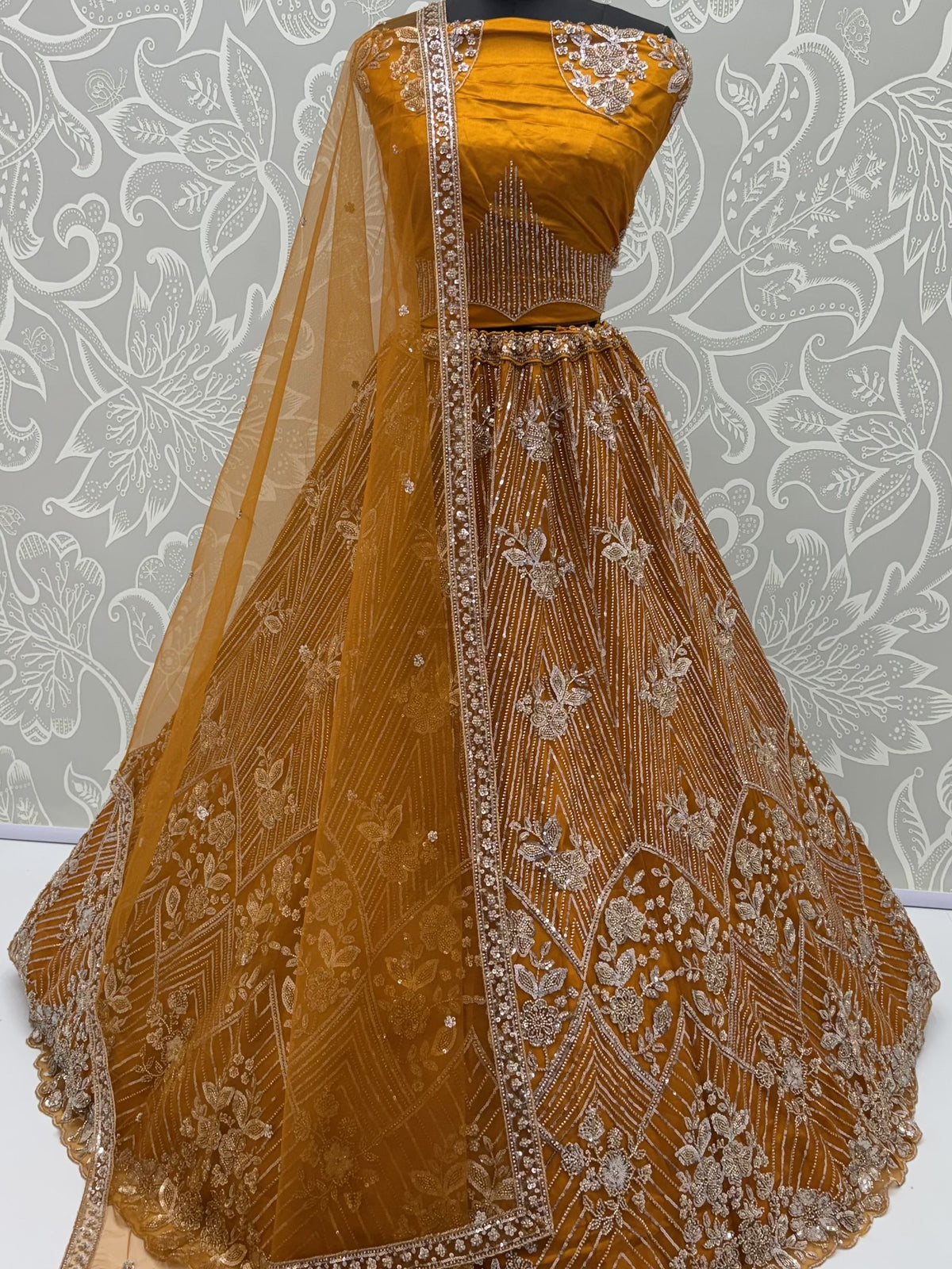 Stunning Mustard Yellow Beads Work Net Wedding Wear Lehenga Choli