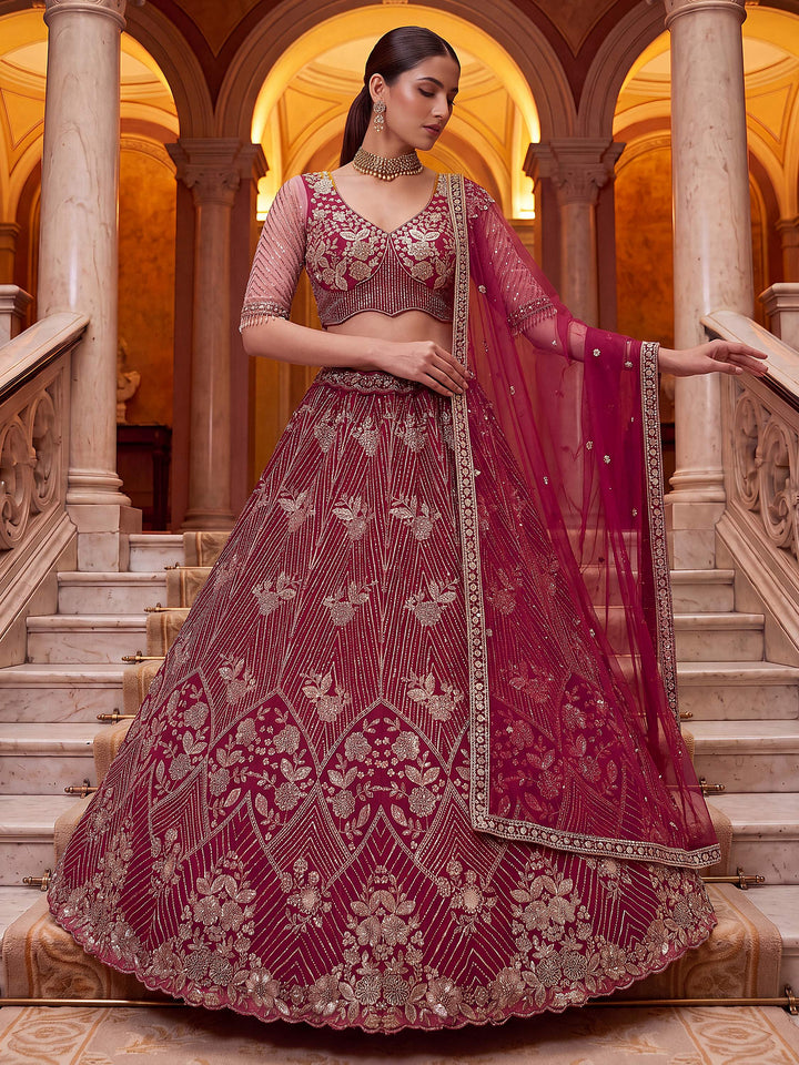 Glamorous Rani Pink Thread Work Net Marriage Wear Lehenga Choli