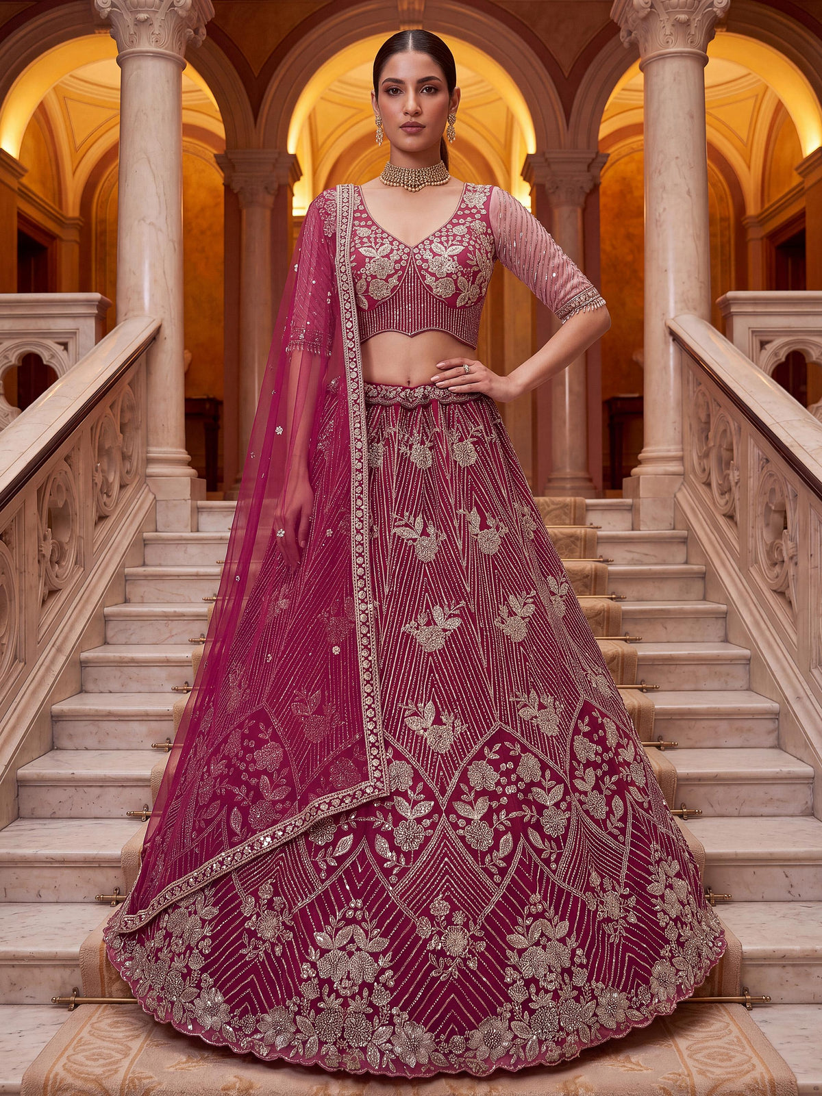 Glamorous Rani Pink Thread Work Net Marriage Wear Lehenga Choli