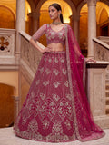Glamorous Rani Pink Thread Work Net Marriage Wear Lehenga Choli