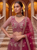 Glamorous Rani Pink Thread Work Net Marriage Wear Lehenga Choli