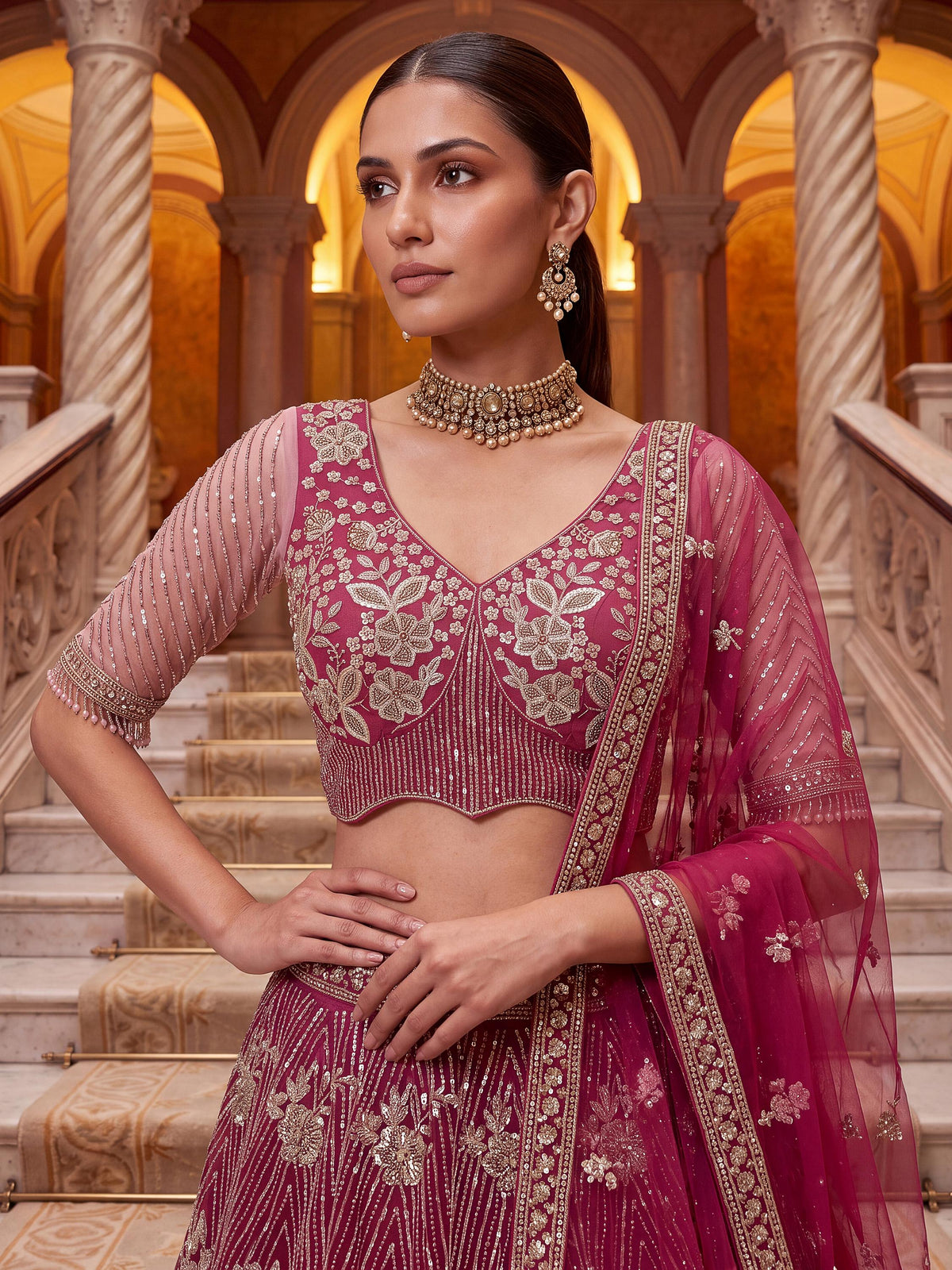 Glamorous Rani Pink Thread Work Net Marriage Wear Lehenga Choli