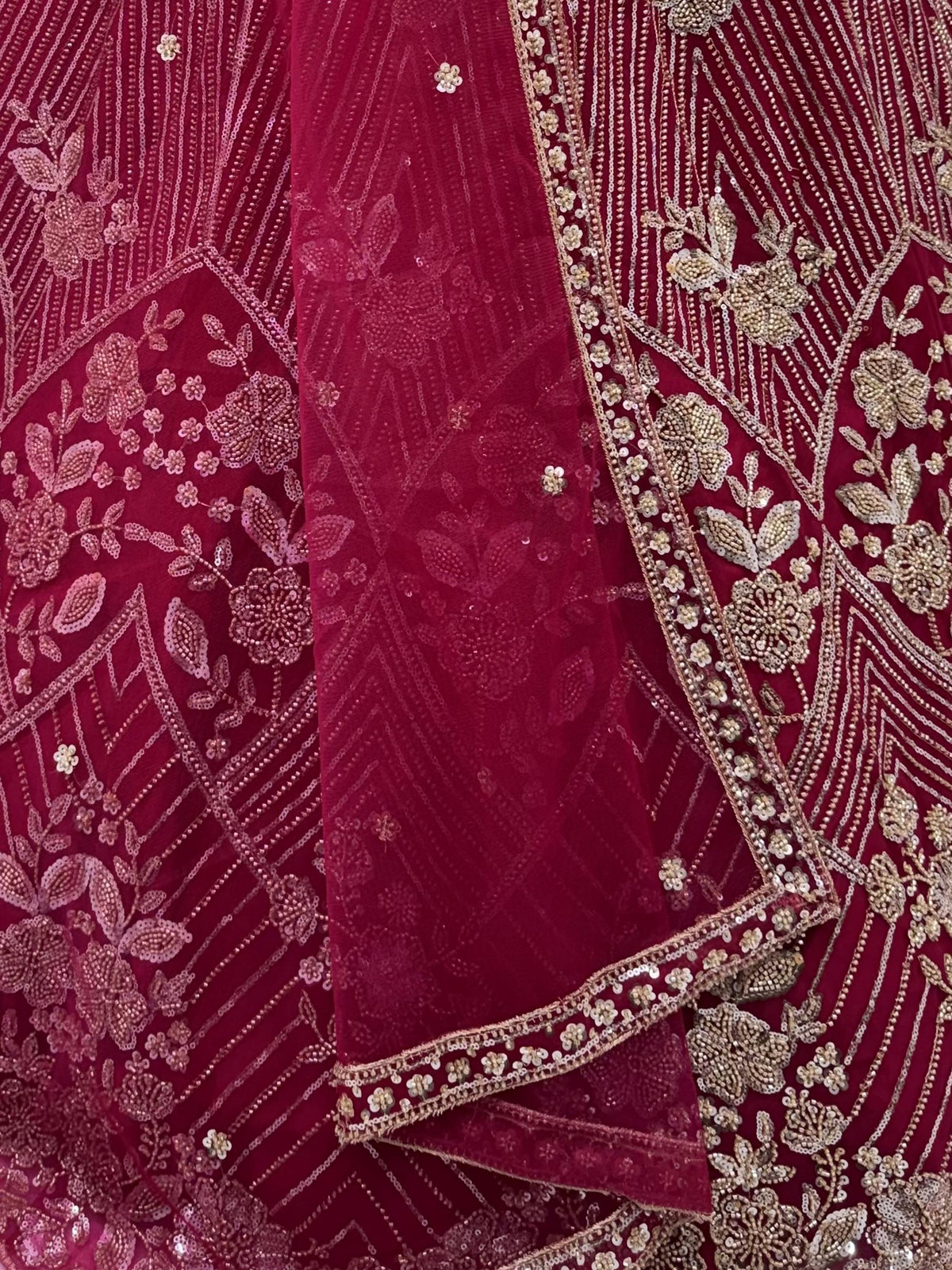 Glamorous Rani Pink Thread Work Net Marriage Wear Lehenga Choli