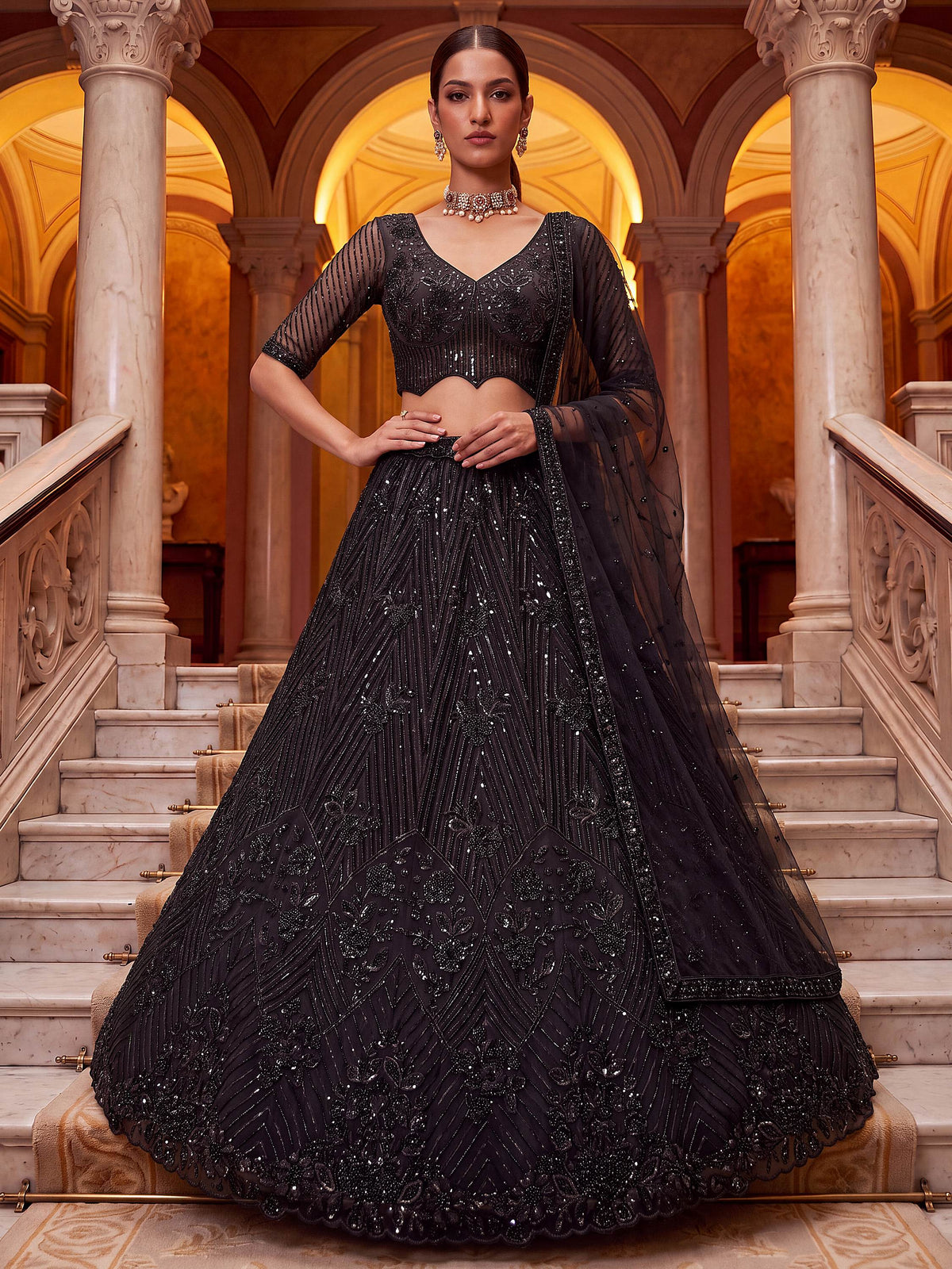 Bewitching Black Beads Work Net Engagement Wear Lehenga Choli