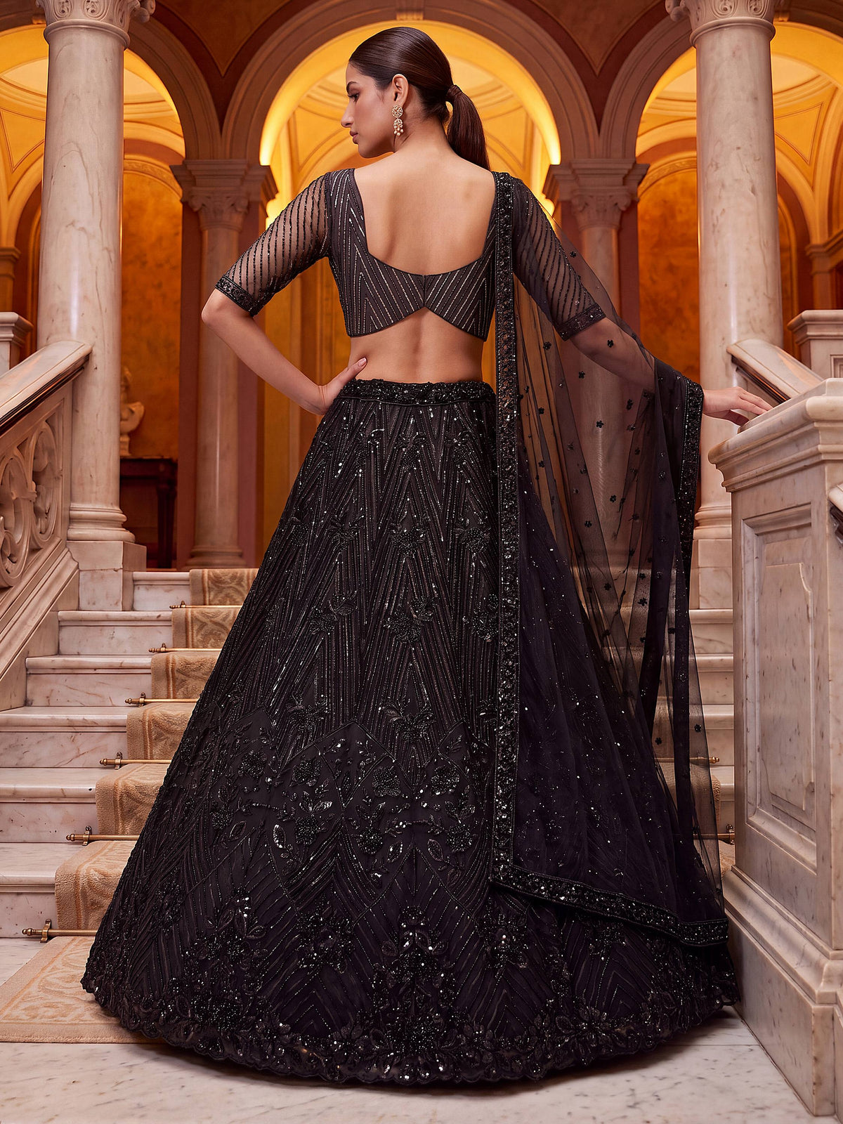 Bewitching Black Beads Work Net Engagement Wear Lehenga Choli