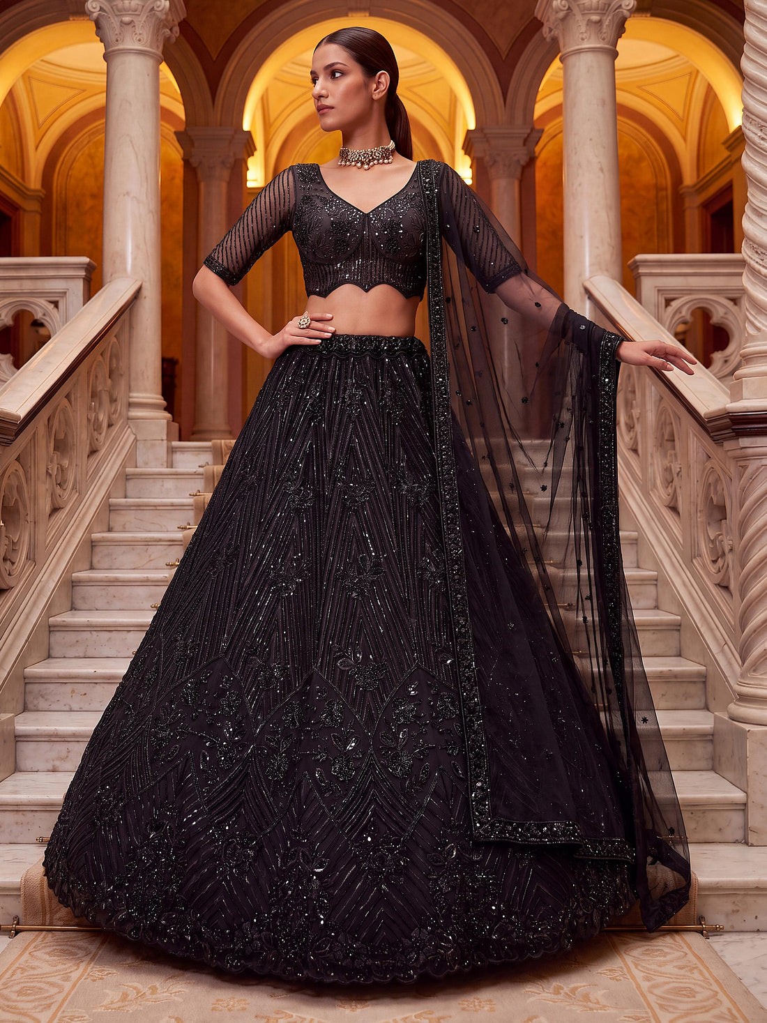 Bewitching Black Beads Work Net Engagement Wear Lehenga Choli