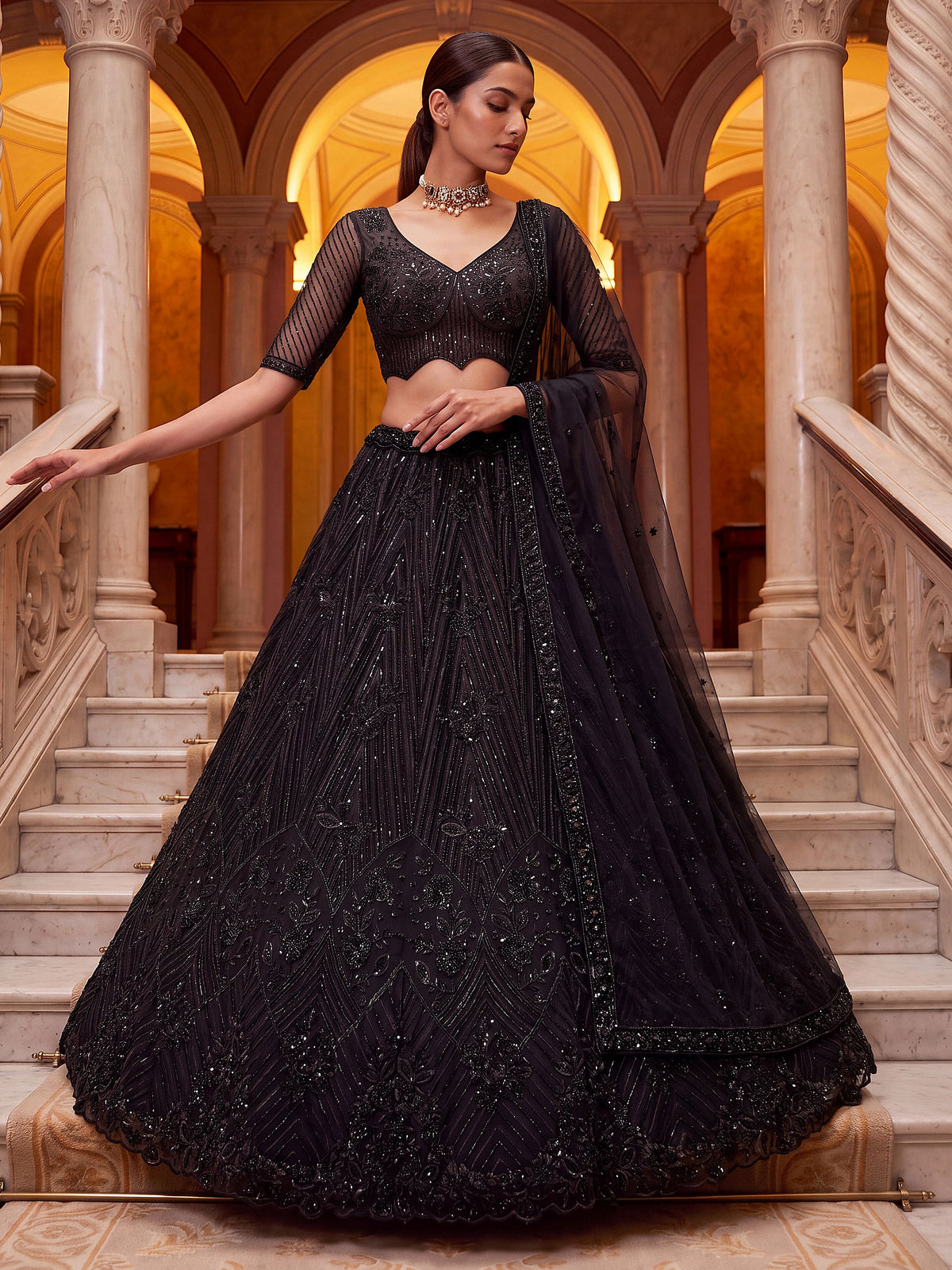 Bewitching Black Beads Work Net Engagement Wear Lehenga Choli