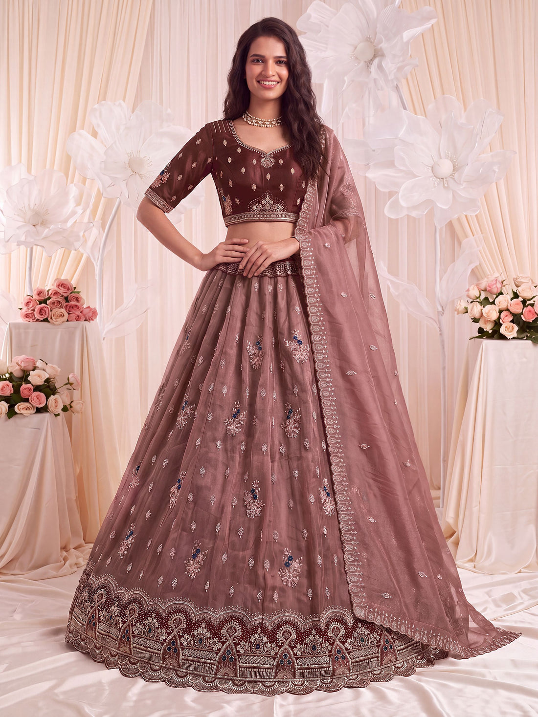 Magnificent Mauve Handwork Silk Wedding Wear Lehenga Choli