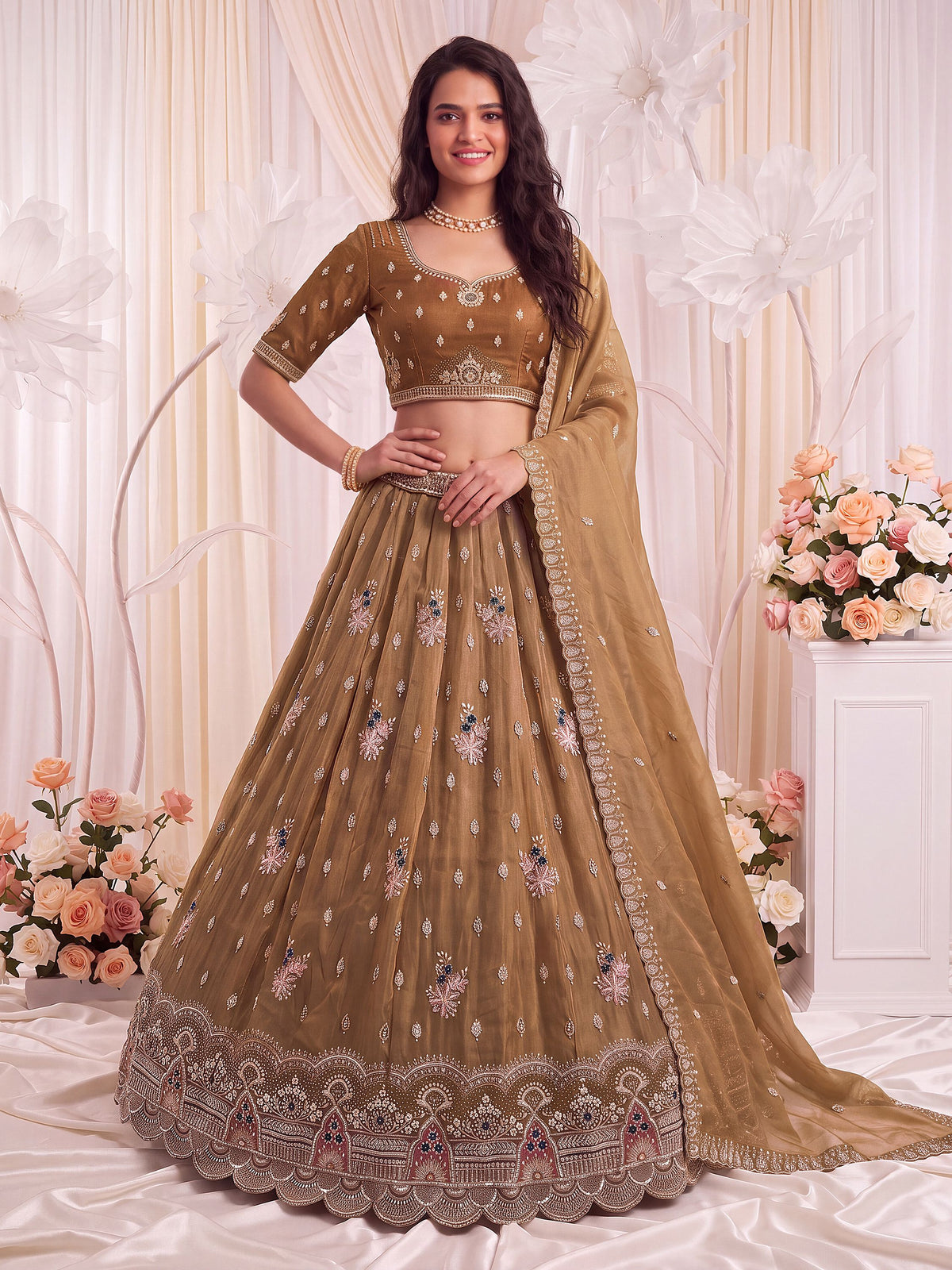 Enchanting Brown Beads Work Silk Marriage Wear Lehenga Choli